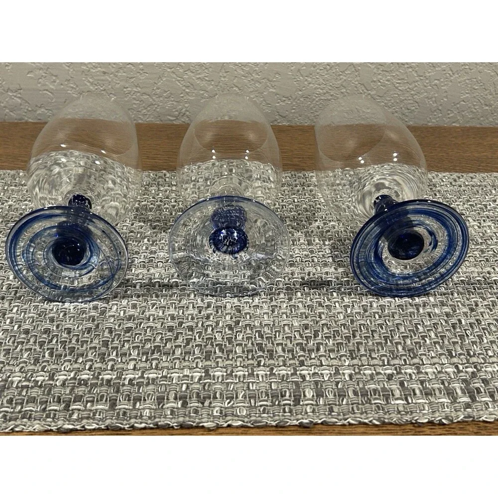 Hand Blown Glass Wine Glasses Cobalt Blue Swirl Speckled Stems Set Of 3 Ht 8.5